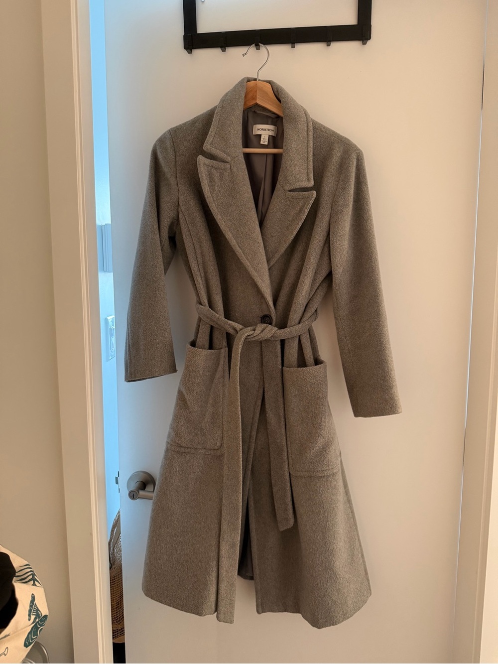 Wool Blend Belted Long Coat in Gray